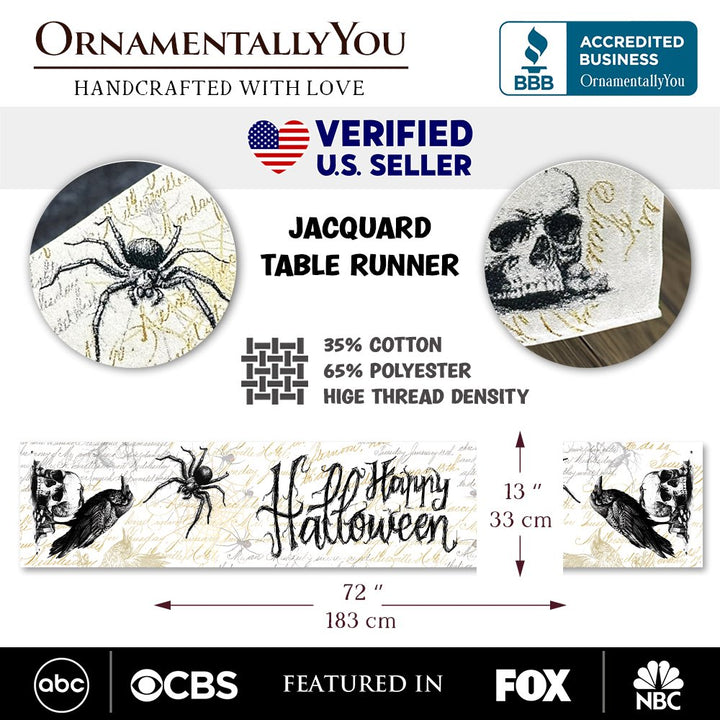 Elegant 72" Gothic Jacquard Table Runner, Halloween Tablecloth with Spider Webs and Black Ravens Table Runner OrnamentallyYou