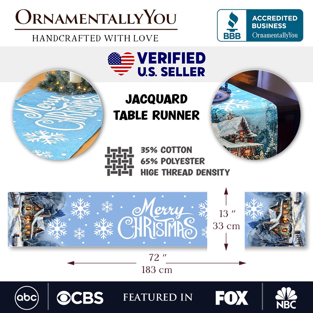 Gracefully Artful Winter Cabin 72" Table Runner, Merry Christmas Blue Rectangle Tablecloth with Snowflakes Table Runner OrnamentallyYou