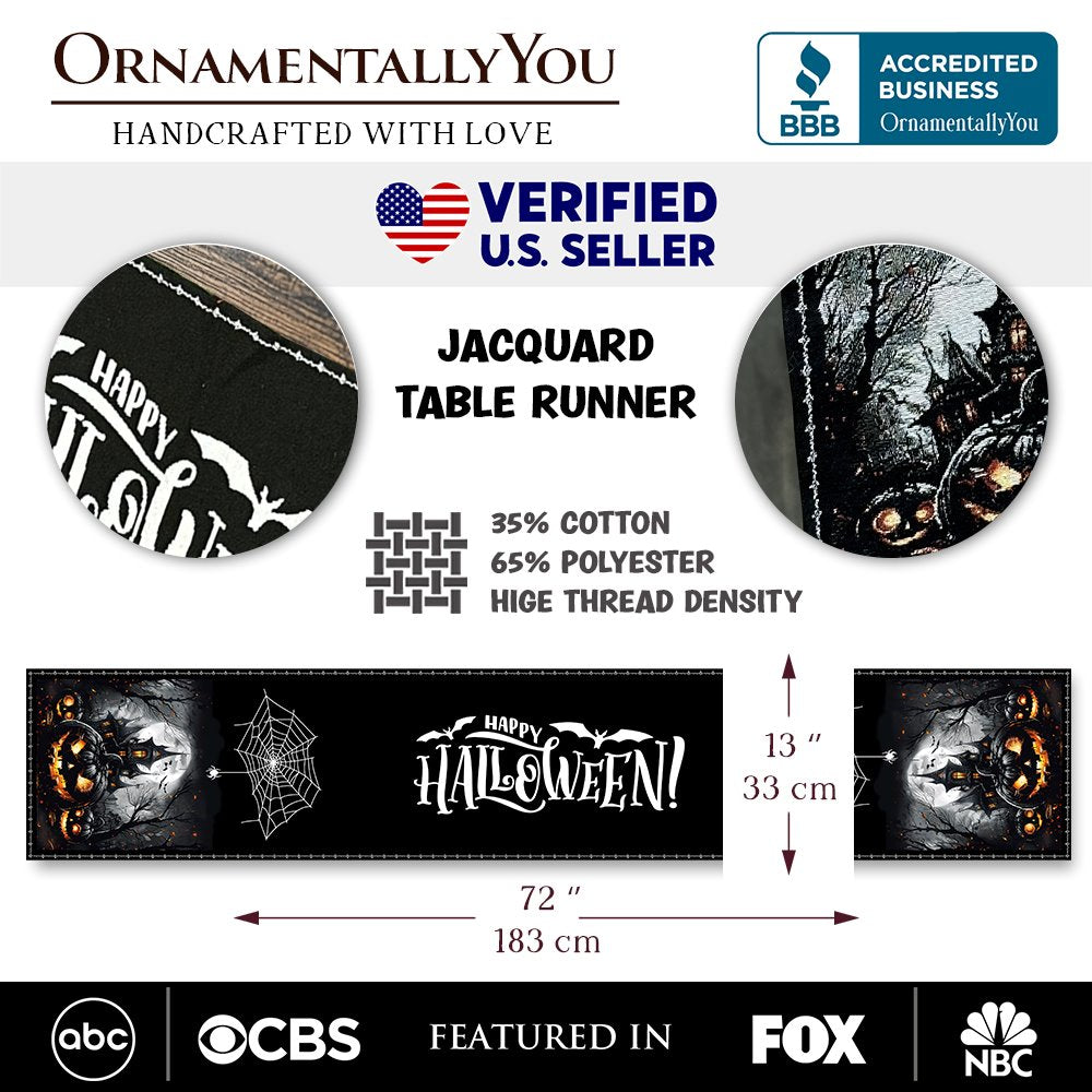 Haunted Horrors 72" Table Runner, Jacquard Halloween Home Black Tablecloth Decoration with Pumpkins and Spiderwebs Table Runner OrnamentallyYou