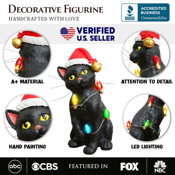 (Pre-Order) Festive Black Cat with LED Lights Figurine, 7" Cute Home Decor Statue Resin Statues OrnamentallyYou