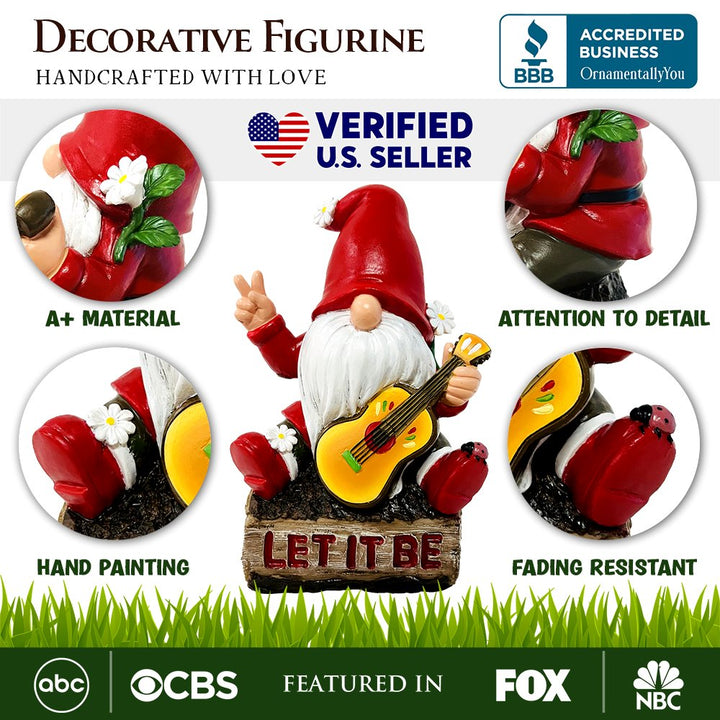 Hippy Gnome with Guitar Garden Statue, Unique Flowers and Peace Sign Resin Statues OrnamentallyYou