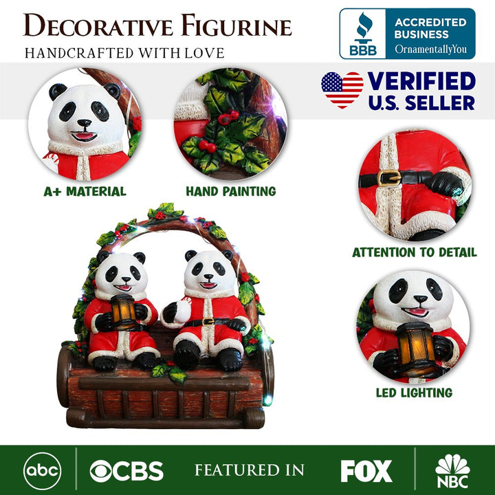 (Pre-Order) Nostalgic Panda Duo Festive Lighted Figurine, 6" LED Christmas Bear Statue Resin Statues OrnamentallyYou