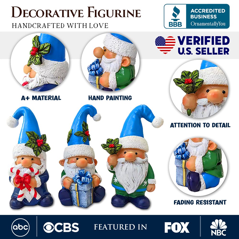 Sky Blue Hat Festive Holiday Gnome Set of Three Miniature Christmas Tabletop Figurine Statues Resin Statues OrnamentallyYou