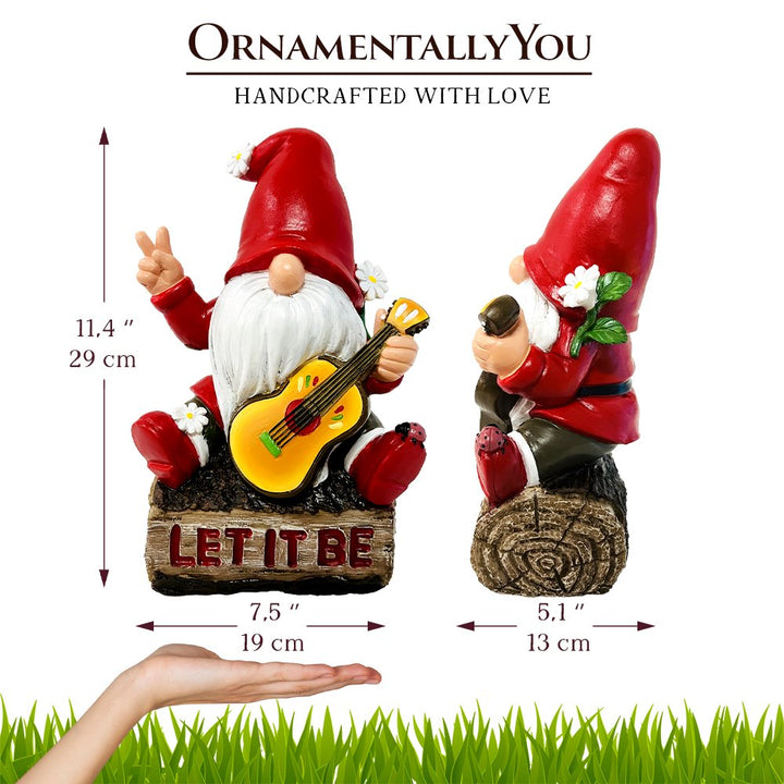 Hippy Gnome with Guitar Garden Statue, Unique Flowers and Peace Sign Resin Statues OrnamentallyYou