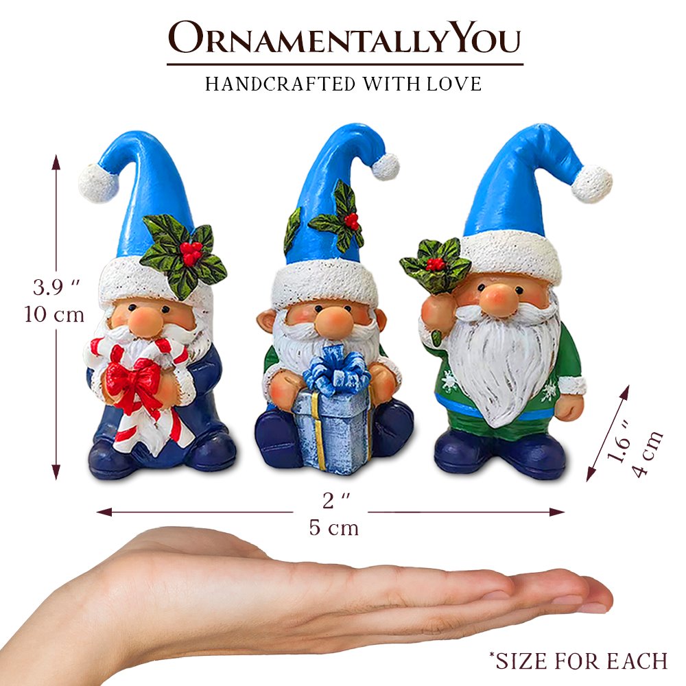 Sky Blue Hat Festive Holiday Gnome Set of Three Miniature Christmas Tabletop Figurine Statues Resin Statues OrnamentallyYou