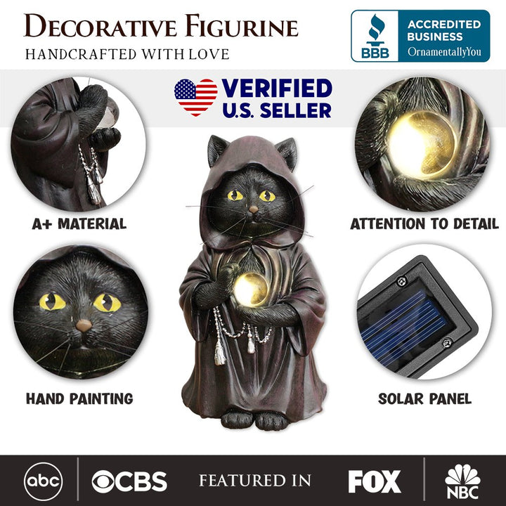 (Pre-Order) Ominous Black Cat Wizard Figurine, 7" Solar Light Gothic Yard Statue Decor Resin Statues OrnamentallyYou