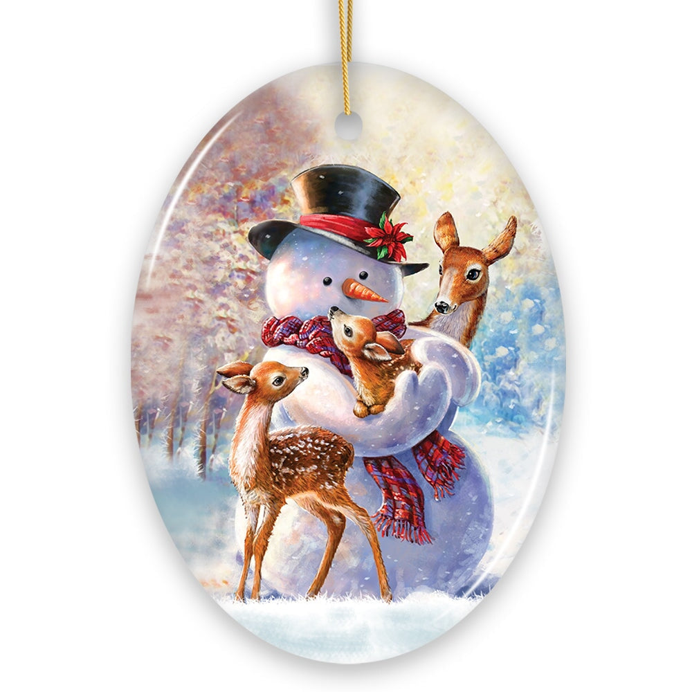 Charming Delicate Snowman and Fawns Christmas Ornament, Winter Deer Love Scene Ceramic Ornament OrnamentallyYou