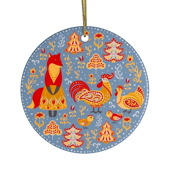 Ethnic Fox Maid and Rooster Nature Ornament, Christmas Forest Scandinavian Theme Ceramic Ornament OrnamentallyYou