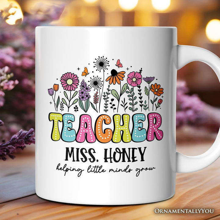 Helping Little Minds Grow Teacher Personalized Mug, Floral Appreciation Gift with Custom Name Personalized Ceramic Mug OrnamentallyYou 12oz Mug Customized