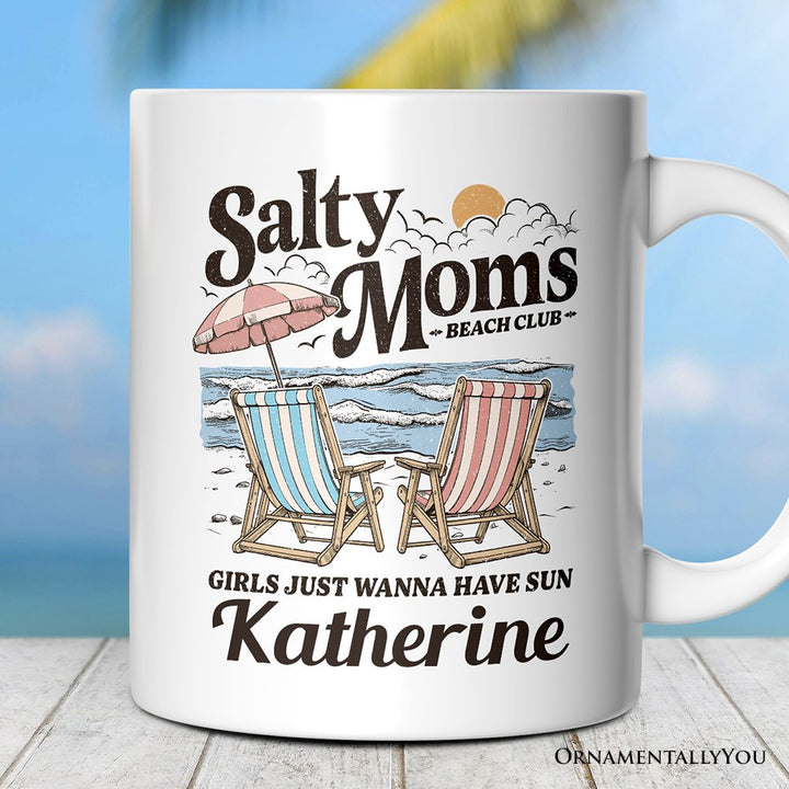 Salty Moms Beach Club Personalized Mug, Retro Summer Gift with Custom Name Personalized Ceramic Mug OrnamentallyYou White Customized