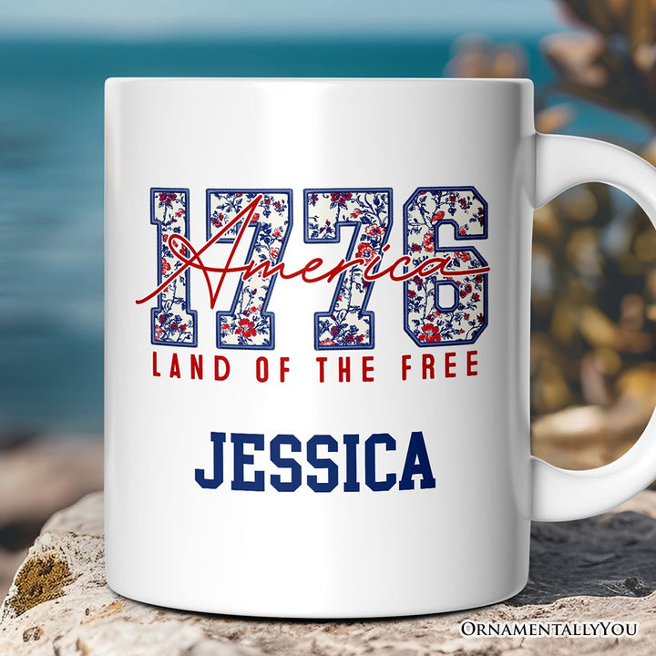 Retro America 1776 Floral Personalized Mug, Land of the Free Patriotic Gift with Custom Name Personalized Ceramic Mug OrnamentallyYou 12oz Mug Customized