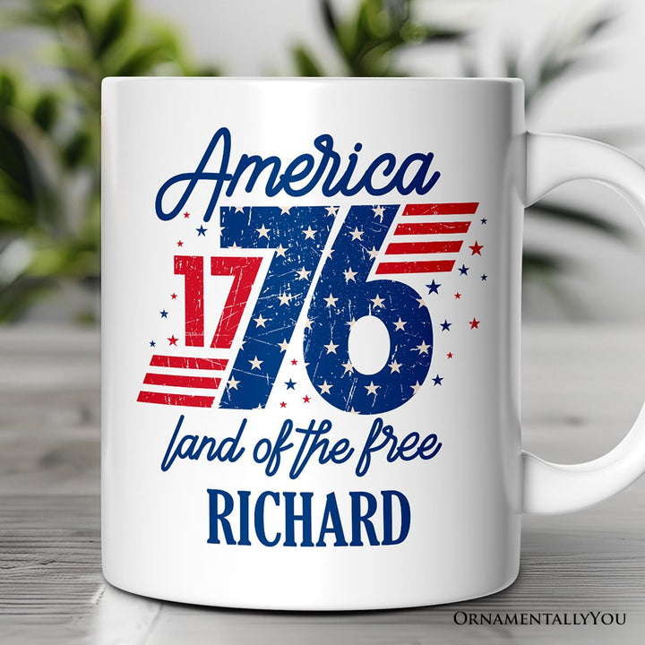 America 1776 Land of the Free Personalized Mug, Vintage 4th of July Gift with Custom Name Personalized Ceramic Mug OrnamentallyYou Customized