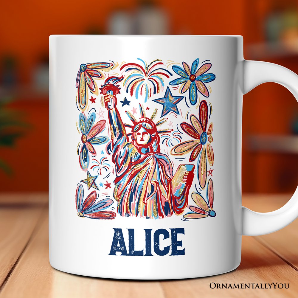 Patriotic Statue of Liberty and Fireworks Personalized Mug, Festive 4th of July Gift with Custom Name Personalized Ceramic Mug OrnamentallyYou Customized