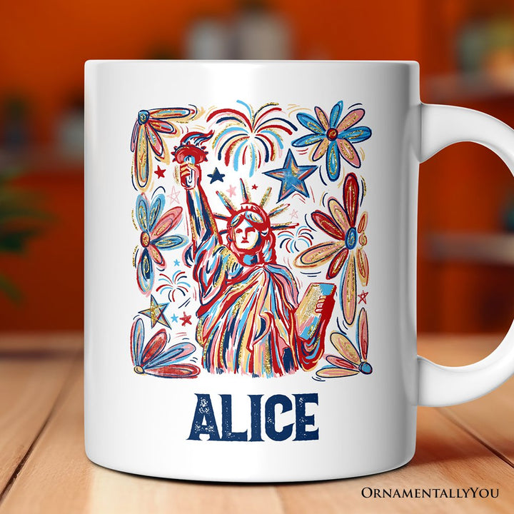 Patriotic Statue of Liberty and Fireworks Personalized Mug, Festive 4th of July Gift with Custom Name Personalized Ceramic Mug OrnamentallyYou Customized