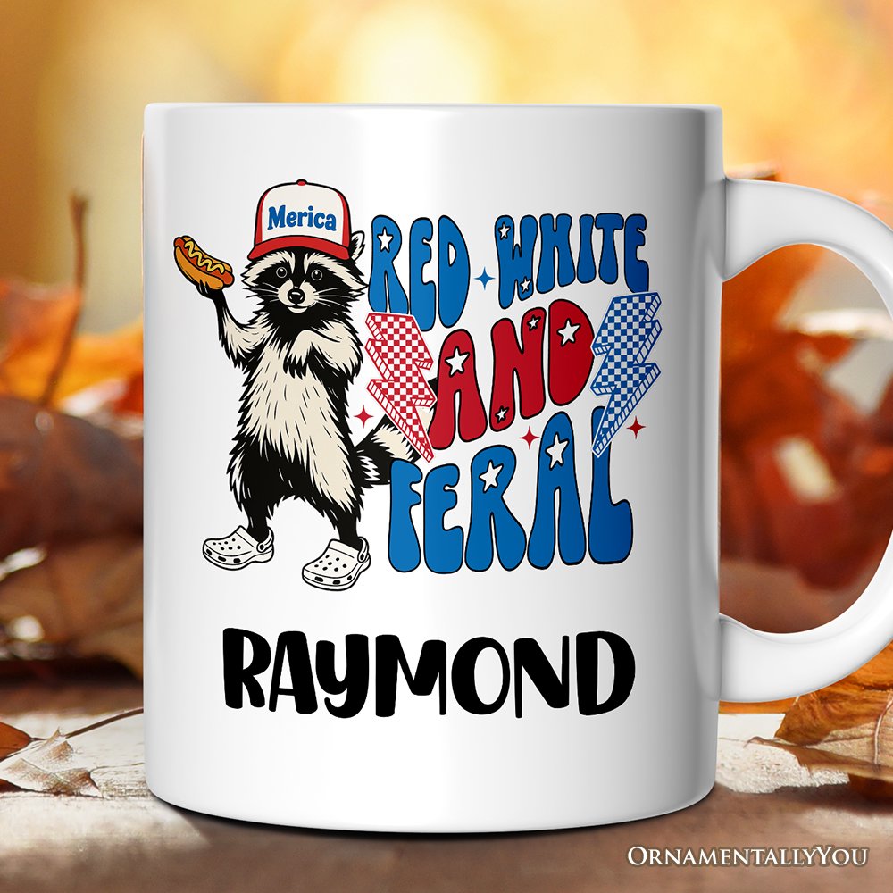 Red, White & Feral Raccoon Personalized Mug, Wild Patriot American Gift with Custom Name Personalized Ceramic Mug OrnamentallyYou 12oz Mug Customized