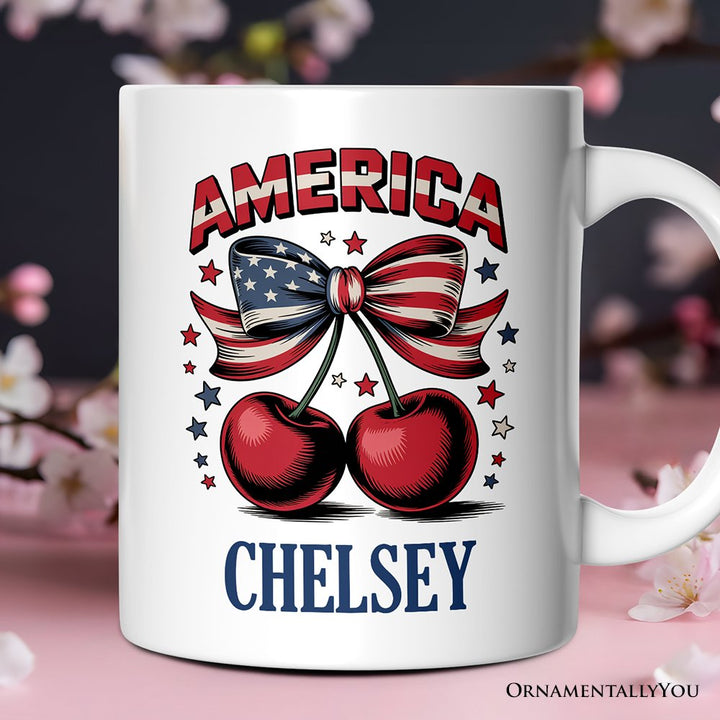 America Coquette Cherries Personalized Mug, Patriotic 4th of July Gift with Custom Name Personalized Ceramic Mug OrnamentallyYou Customized