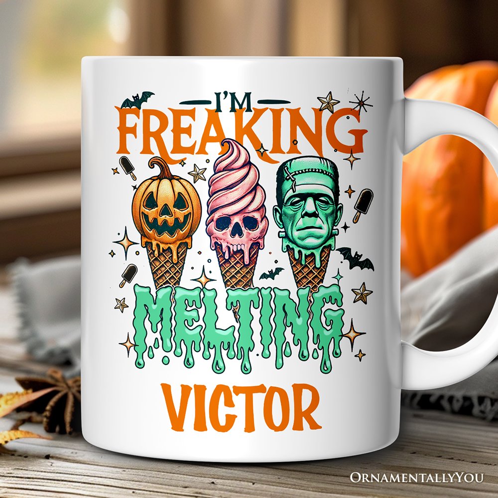 Iโm Freaking Melting Frankenstein Personalized Mug, Funny Ice Cream Halloween Gift with Custom Name for Summer Spooky Season Personalized Ceramic Mug OrnamentallyYou 12oz Mug Customized