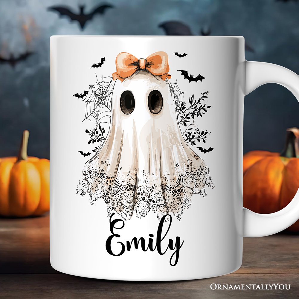 Coquette Ghost Personalized Mug, Cute Halloween Gift with Custom Name Personalized Ceramic Mug OrnamentallyYou Customized