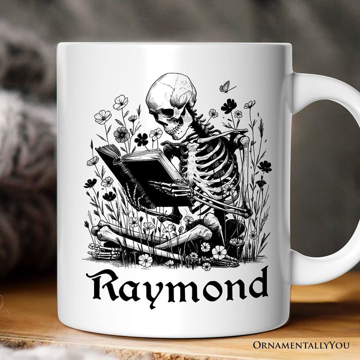 Gothic Reading Skeleton Personalized Mug, Floral Halloween Gift with Custom Name Personalized Ceramic Mug OrnamentallyYou White Customized