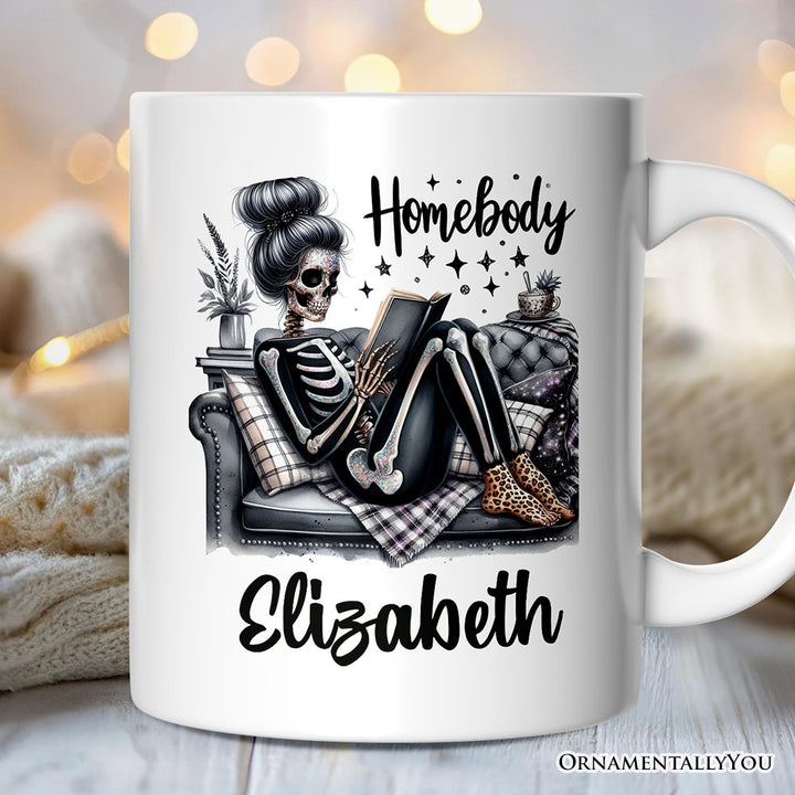 Homebody Reading Skeleton Personalized Mug, Funny Lazy Selfcare Gift with Custom Name Personalized Ceramic Mug OrnamentallyYou White Customized