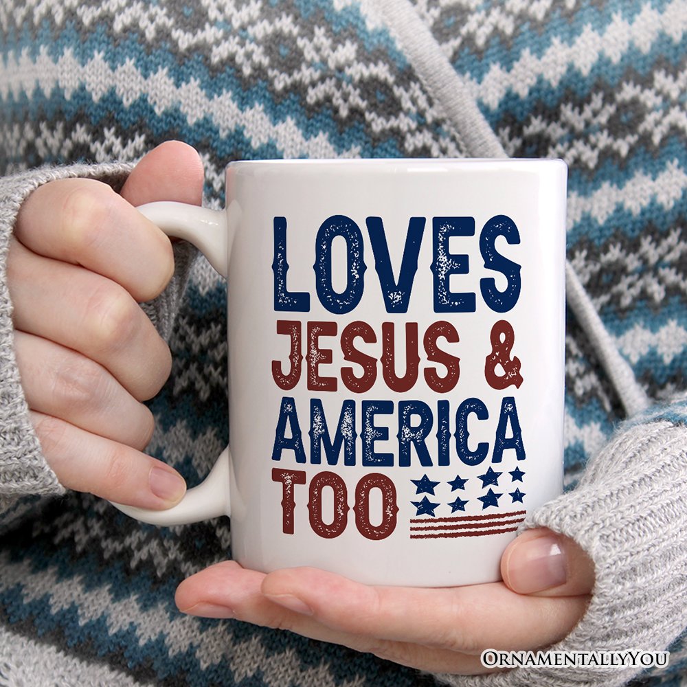 Loves Jesus and America Too Personalized Mug, Patriotic Gift for Proud Americans with Custom Name Personalized Ceramic Mug OrnamentallyYou