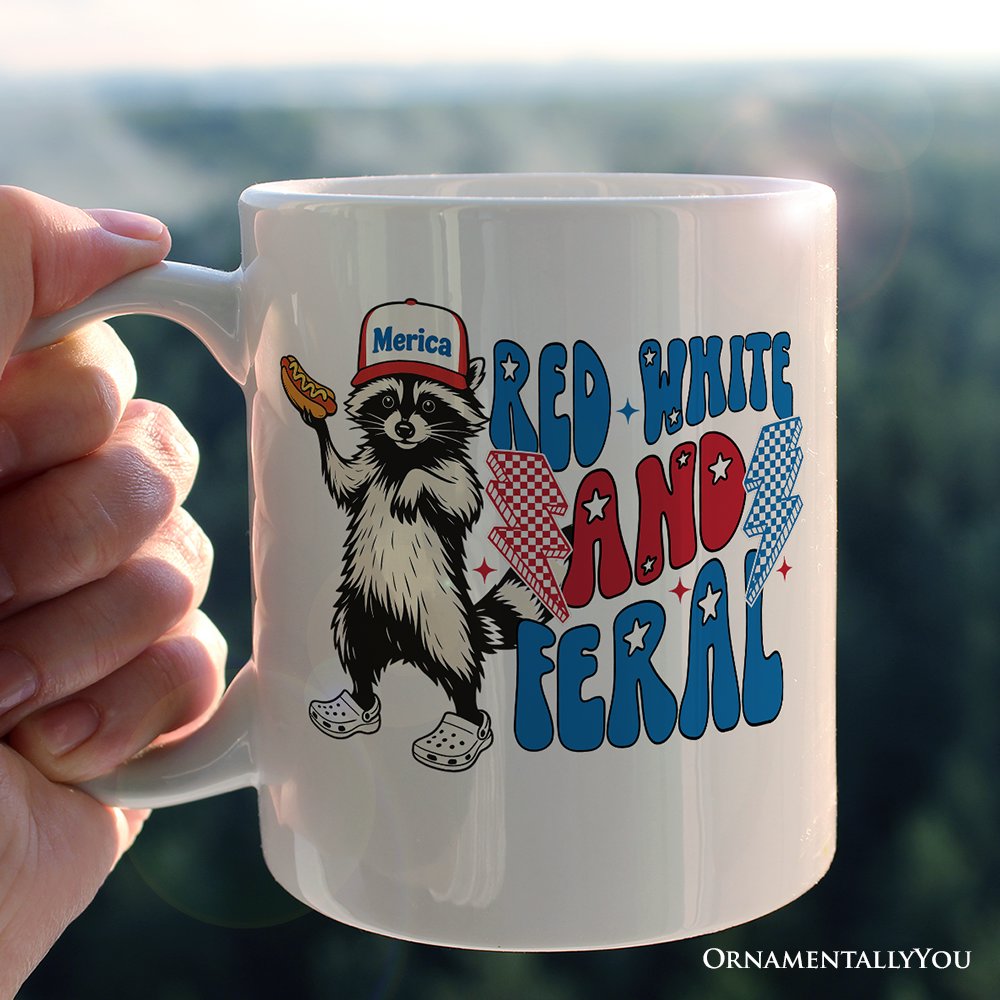 Red, White & Feral Raccoon Personalized Mug, Wild Patriot American Gift with Custom Name Personalized Ceramic Mug OrnamentallyYou