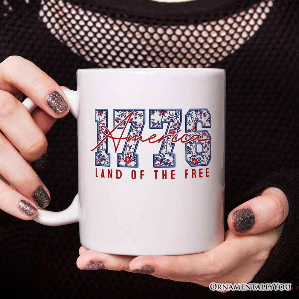 Retro America 1776 Floral Personalized Mug, Land of the Free Patriotic Gift with Custom Name Personalized Ceramic Mug OrnamentallyYou