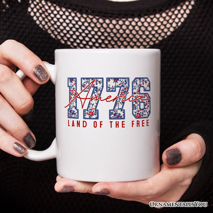 Retro America 1776 Floral Personalized Mug, Land of the Free Patriotic Gift with Custom Name Personalized Ceramic Mug OrnamentallyYou