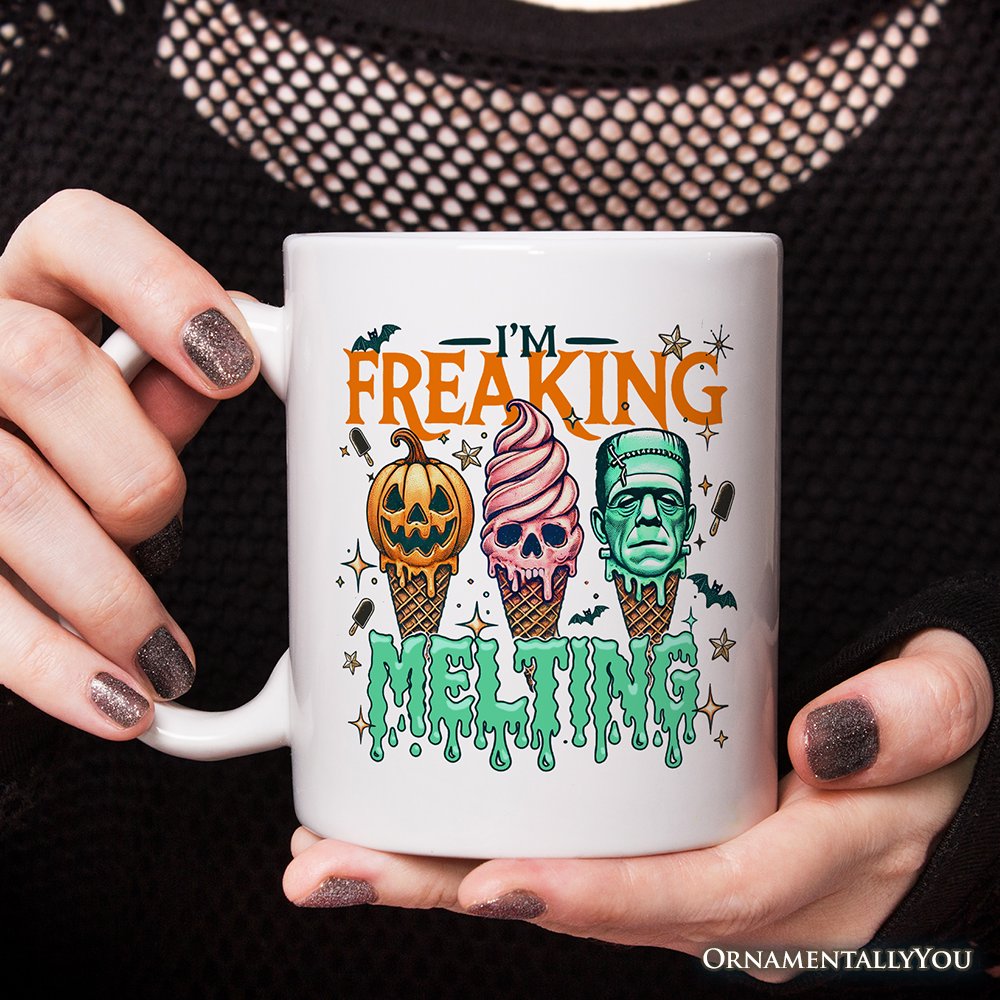 Iโm Freaking Melting Frankenstein Personalized Mug, Funny Ice Cream Halloween Gift with Custom Name for Summer Spooky Season Personalized Ceramic Mug OrnamentallyYou