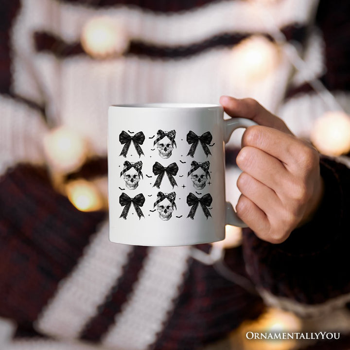 Coquette Skulls and Bows Personalized Mug, Gothic & Stylish Halloween Gift with Custom Name Personalized Ceramic Mug OrnamentallyYou White Non-Custom
