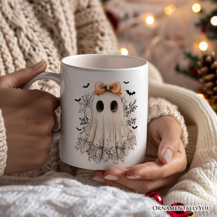 Coquette Ghost Personalized Mug, Cute Halloween Gift with Custom Name Personalized Ceramic Mug OrnamentallyYou