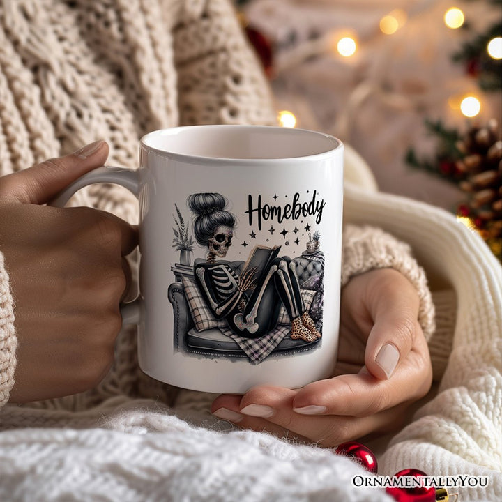 Homebody Reading Skeleton Personalized Mug, Funny Lazy Selfcare Gift with Custom Name Personalized Ceramic Mug OrnamentallyYou White Non-Custom