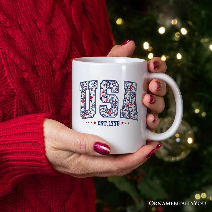 Patriotic USA Floral Personalized Mug, 1776 Independence Day Gift with Custom Name Personalized Ceramic Mug OrnamentallyYou