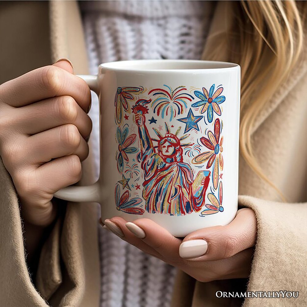 Patriotic Statue of Liberty and Fireworks Personalized Mug, Festive 4th of July Gift with Custom Name Personalized Ceramic Mug OrnamentallyYou