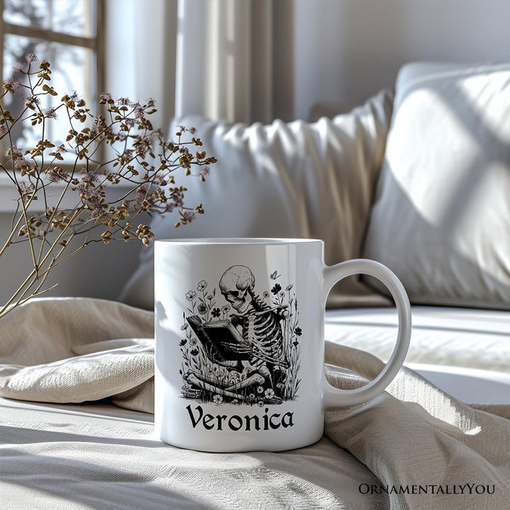 Gothic Reading Skeleton Personalized Mug, Floral Halloween Gift with Custom Name Personalized Ceramic Mug OrnamentallyYou