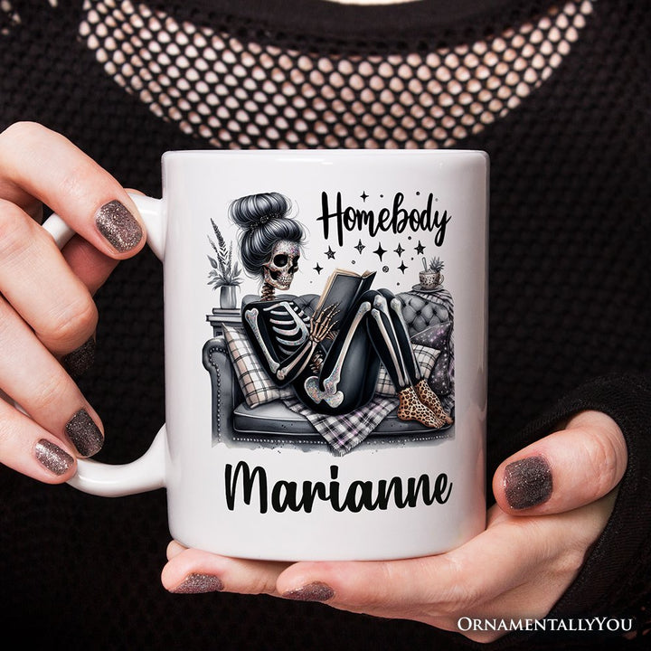 Homebody Reading Skeleton Personalized Mug, Funny Lazy Selfcare Gift with Custom Name Personalized Ceramic Mug OrnamentallyYou