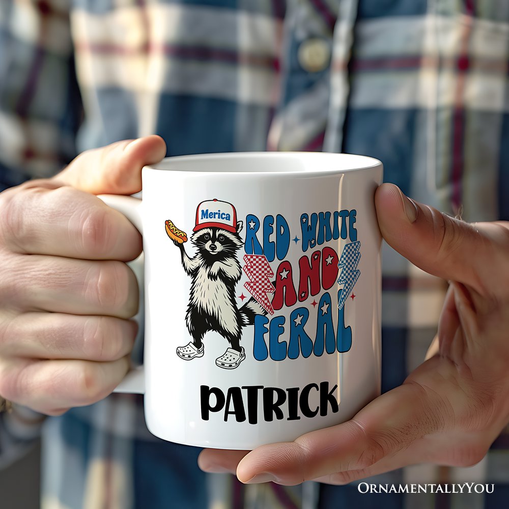 Red, White & Feral Raccoon Personalized Mug, Wild Patriot American Gift with Custom Name Personalized Ceramic Mug OrnamentallyYou