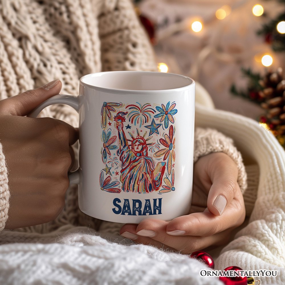Patriotic Statue of Liberty and Fireworks Personalized Mug, Festive 4th of July Gift with Custom Name Personalized Ceramic Mug OrnamentallyYou