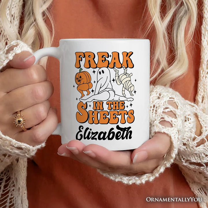 Freak in the Sheets Ghost Personalized Mug, Naughty Halloween Gift with Custom Name Personalized Ceramic Mug OrnamentallyYou