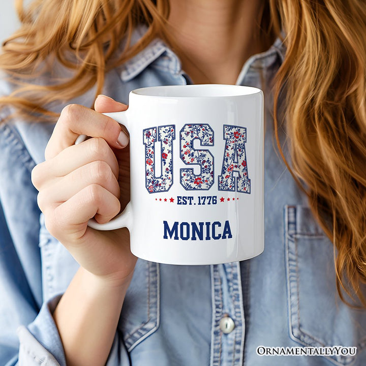 Patriotic USA Floral Personalized Mug, 1776 Independence Day Gift with Custom Name Personalized Ceramic Mug OrnamentallyYou