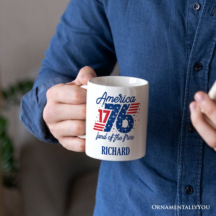 America 1776 Land of the Free Personalized Mug, Vintage 4th of July Gift with Custom Name Personalized Ceramic Mug OrnamentallyYou