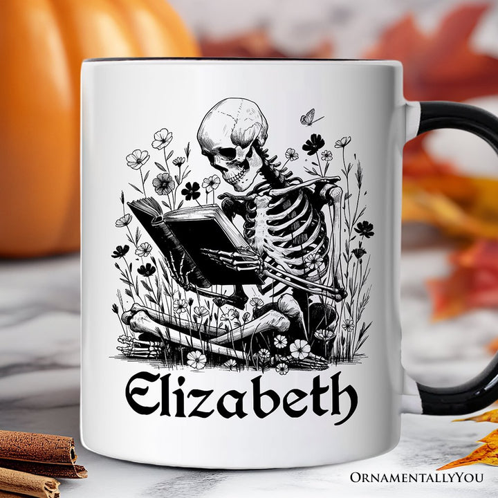 Gothic Reading Skeleton Personalized Mug, Floral Halloween Gift with Custom Name Personalized Ceramic Mug OrnamentallyYou White - Black Customized