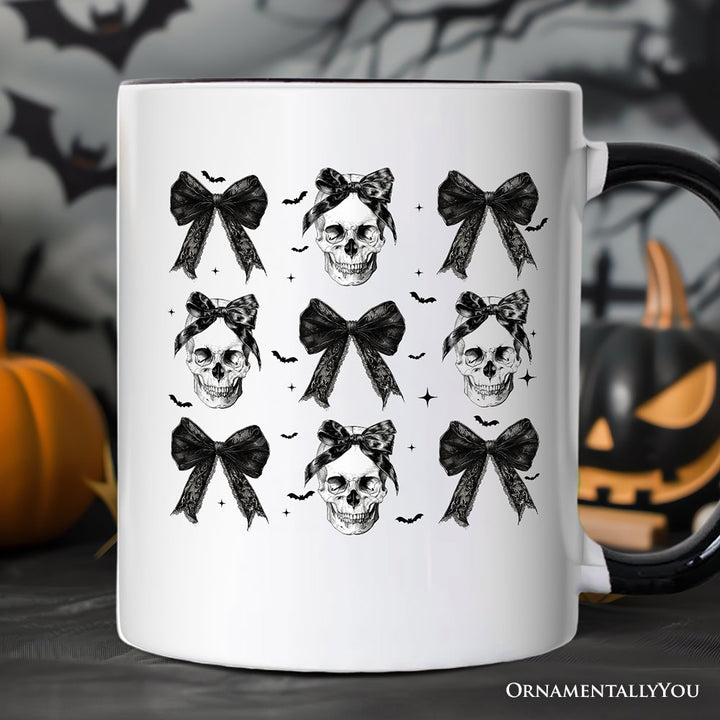 Coquette Skulls and Bows Personalized Mug, Gothic & Stylish Halloween Gift with Custom Name Personalized Ceramic Mug OrnamentallyYou