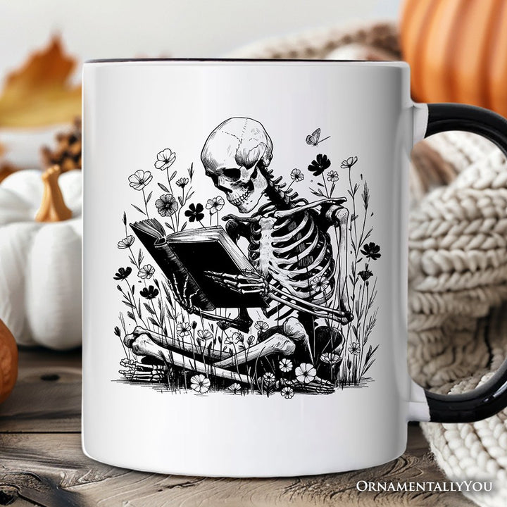 Gothic Reading Skeleton Personalized Mug, Floral Halloween Gift with Custom Name Personalized Ceramic Mug OrnamentallyYou