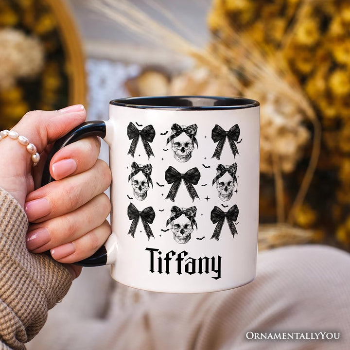 Coquette Skulls and Bows Personalized Mug, Gothic & Stylish Halloween Gift with Custom Name Personalized Ceramic Mug OrnamentallyYou