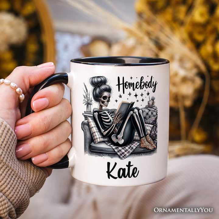 Homebody Reading Skeleton Personalized Mug, Funny Lazy Selfcare Gift with Custom Name Personalized Ceramic Mug OrnamentallyYou