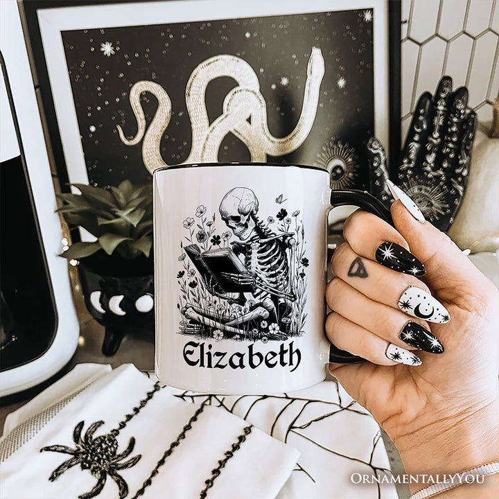 Gothic Reading Skeleton Personalized Mug, Floral Halloween Gift with Custom Name Personalized Ceramic Mug OrnamentallyYou