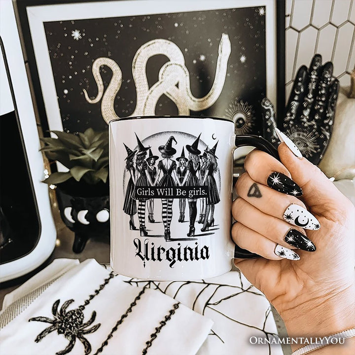 Girls Will Be Girls Personalized Mug, Witchy Halloween Gift with Custom Name for Empowered Women Personalized Ceramic Mug OrnamentallyYou
