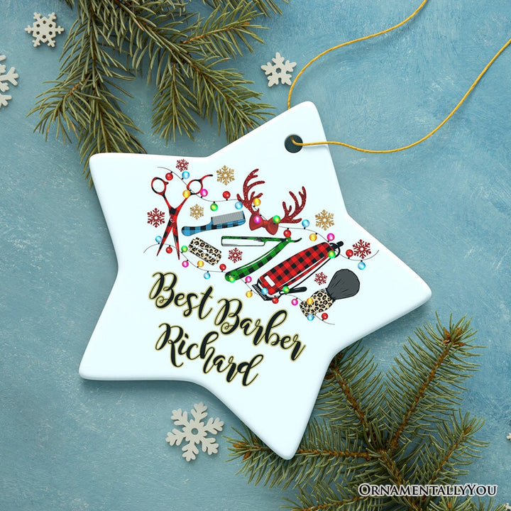 Personalized Barber Buffalo Plaid Leopard Merry Christmas Ornament, Barbershop Gift Ceramic Ornament OrnamentallyYou