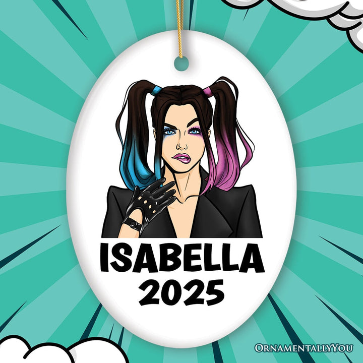 Female Supervillain Custom Comic Style Ornament, Hardcore Punk Badass Emo Gift Ceramic Ornament OrnamentallyYou Oval